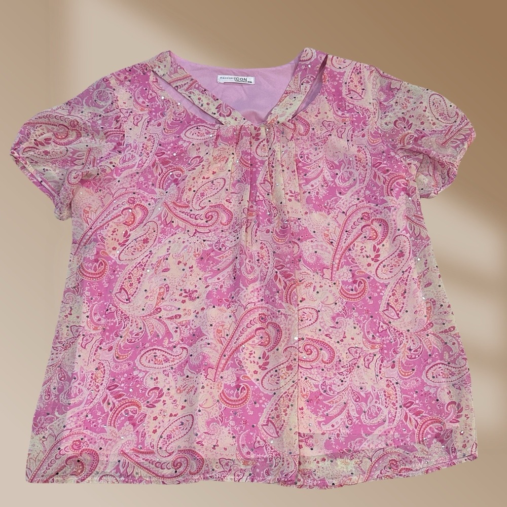 Forever Icon Collection Women's Pink Paisley pattern Sparkle Top Blouse Sz 2XL - Picture 1 of 2